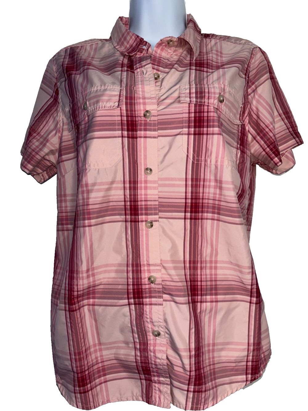 Eddie Bauer Hiking Shirt Women M Short Sleeve Pink Plaid Button Up Adventure top